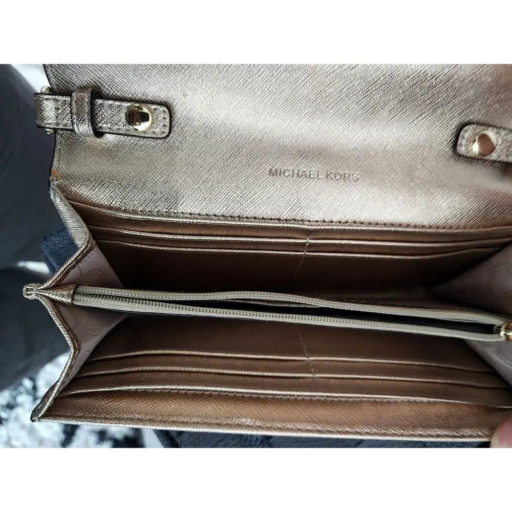 Michael Kors Jet Set Travel Saffiano Metallic Gold Wallet on Chain Crossbody Bag